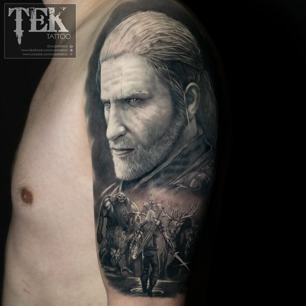 All healed The Witcher half-sleeve tattoo