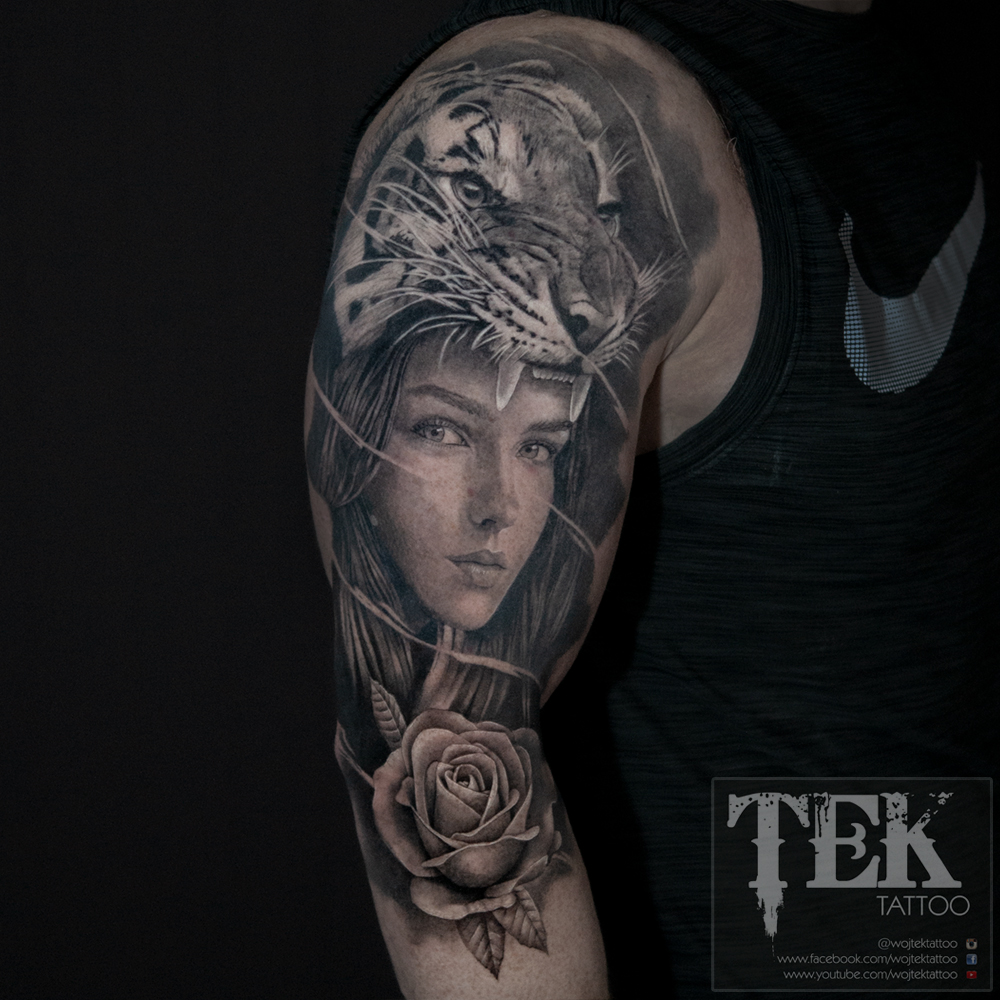 Half-sleeve girl and tiger tattoo