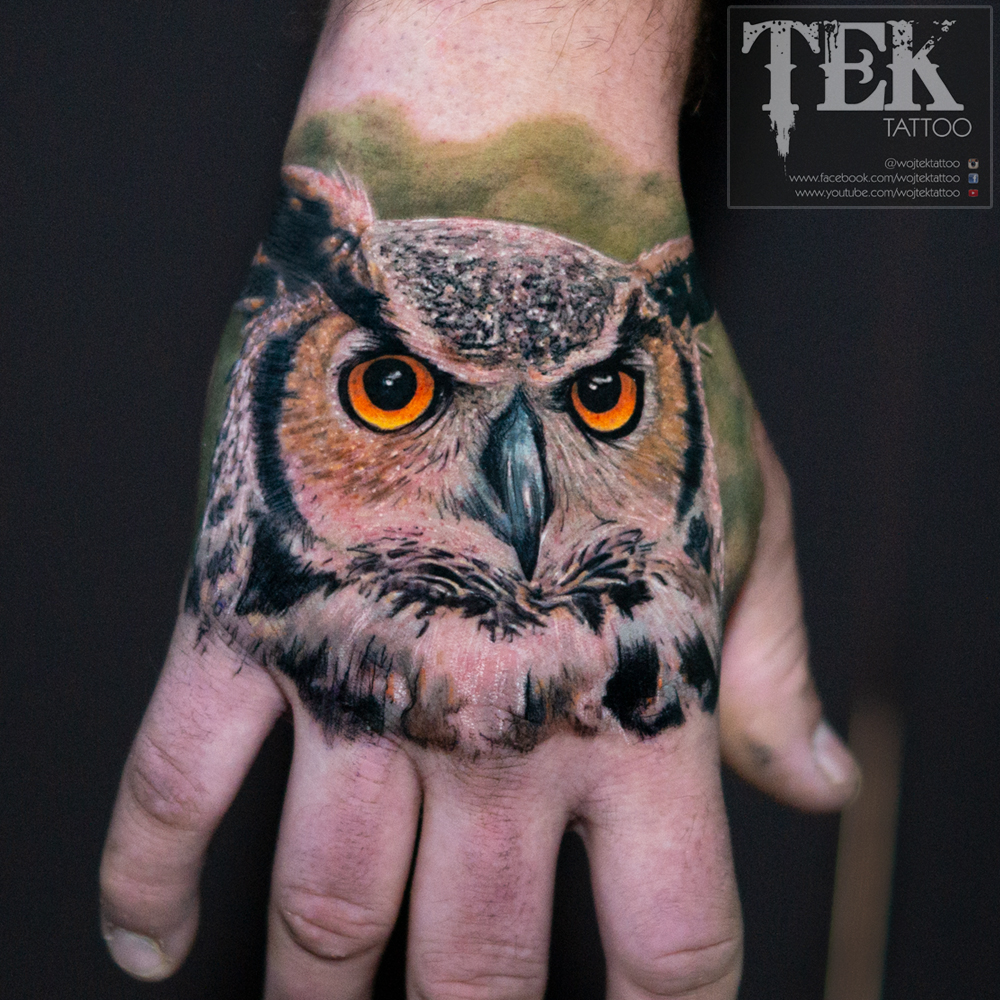 Owl hand tattoo